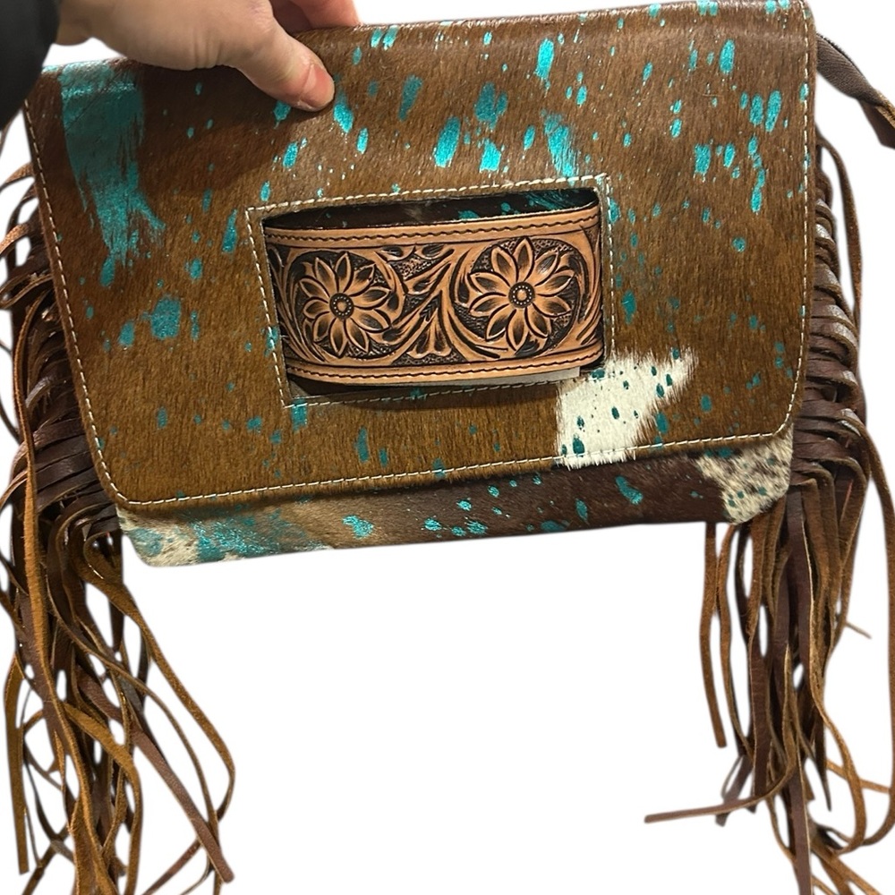 American Darling Brown and Turquoise Fringe Cowhide Clutch